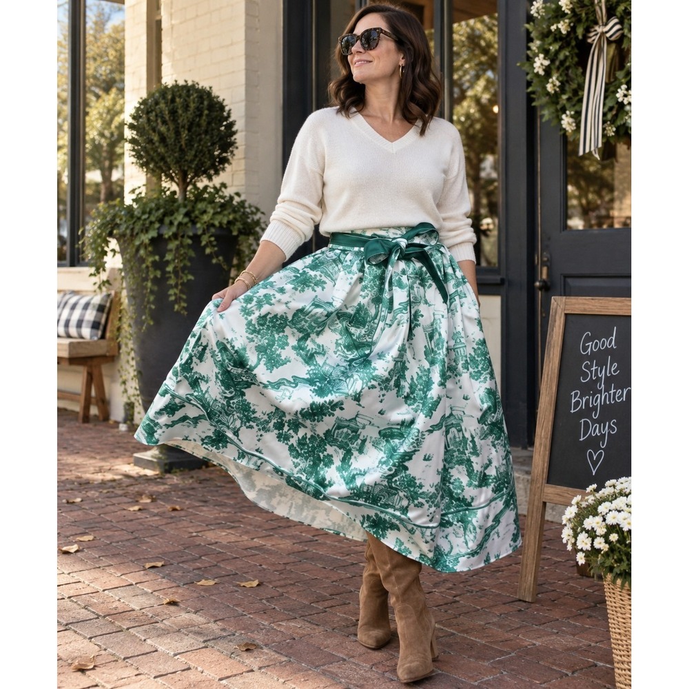 Kim Lolley Design Green Toile Full Skirt Satin Reversible Belt Pocket 28"Holida